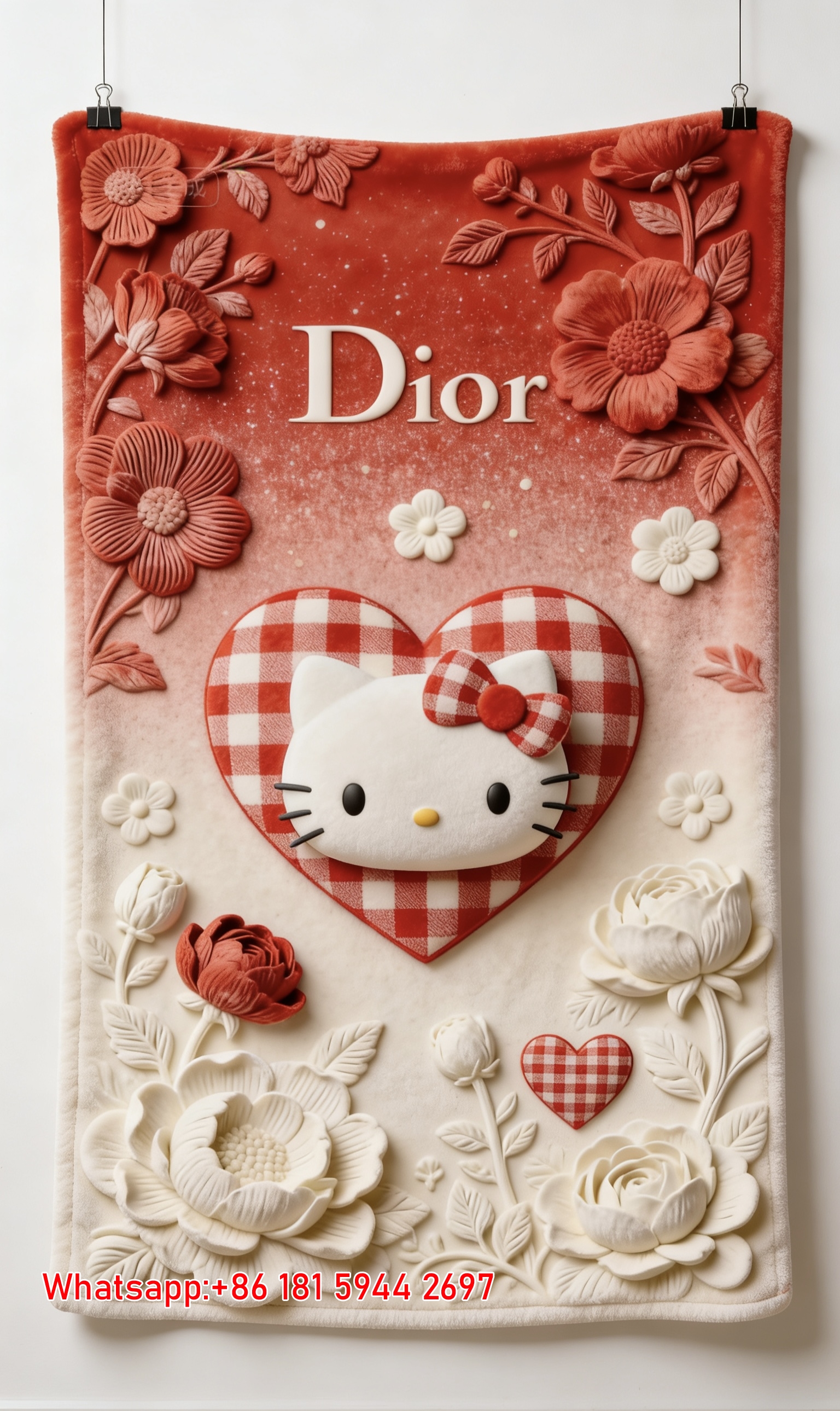 Dior Hello Kitty Checkered Heart Floral Flannel Sofa Throw Blanket D249